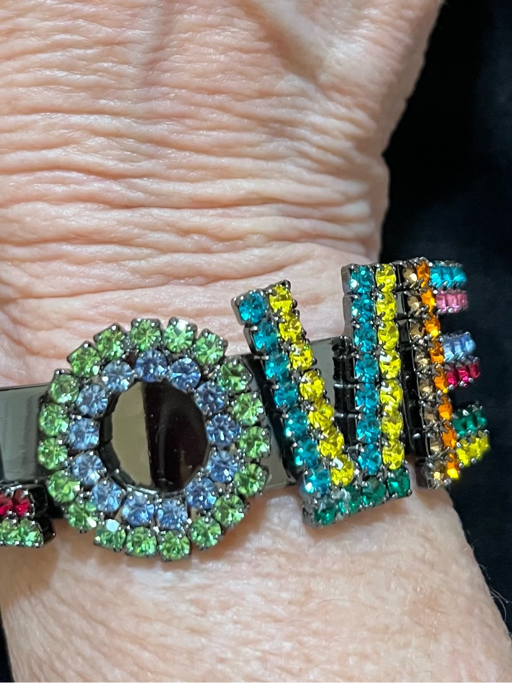 TOVA La La LOVE cuff bracelet Multicolor crystals. NWT. Gunmetal adjustable cuff - Picture 3 of 6